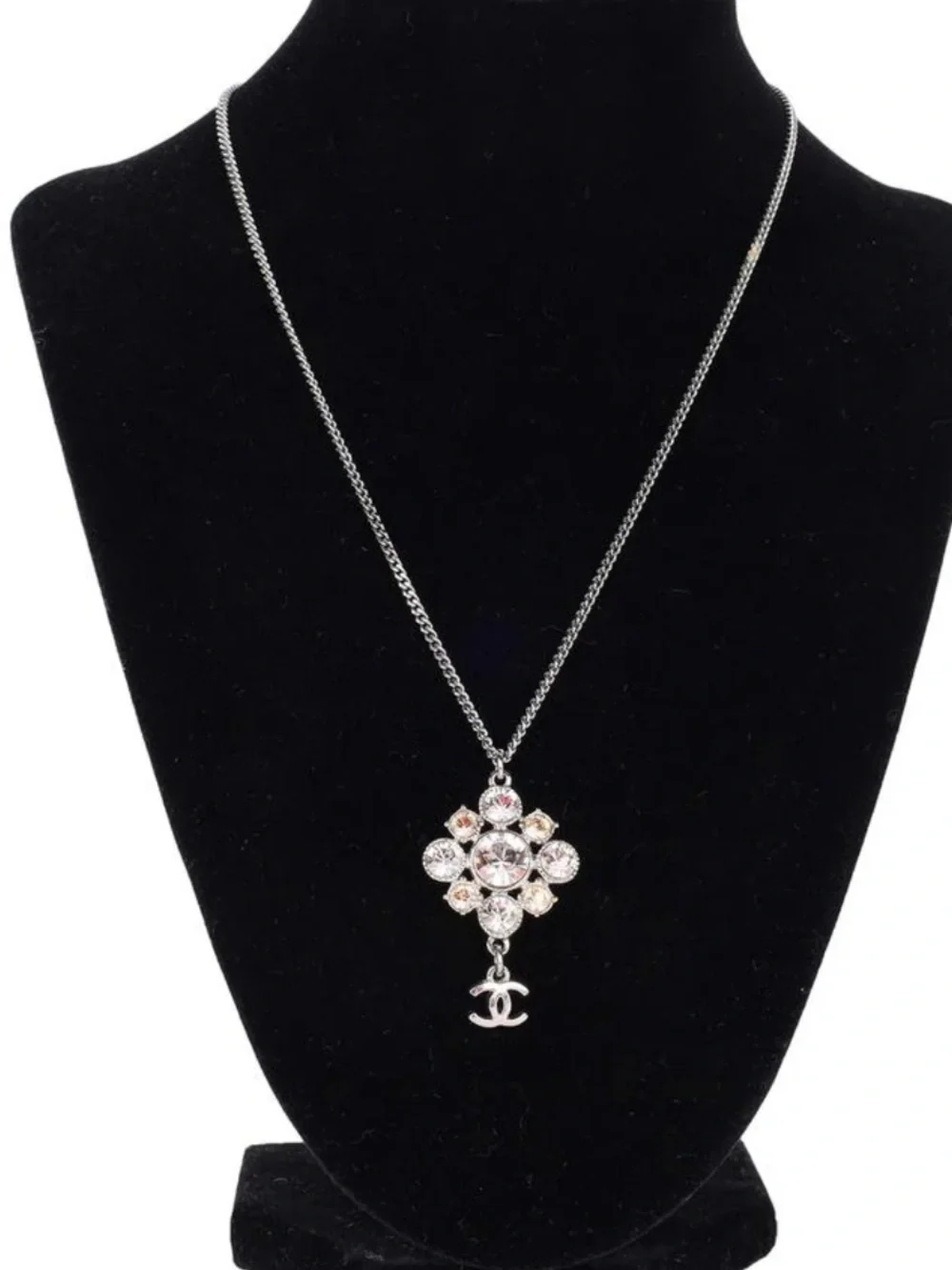 CHANEL Crystal Cluster Pendant Necklace with Logo Charm - Silver Tone